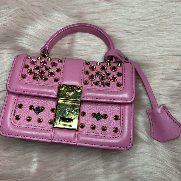 LIMITED EDITION! MCM Gold Stud Pink Visetos Mini Bag Crossbody